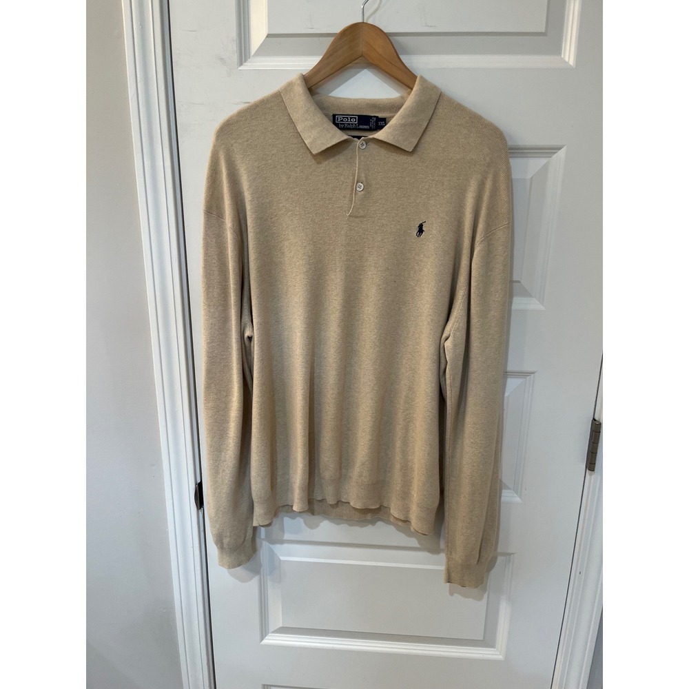 VTG‎ Polo Ralph Lauren Mens XXL Beige 100% Pima Cotton Long Sleeve Polo Sweater